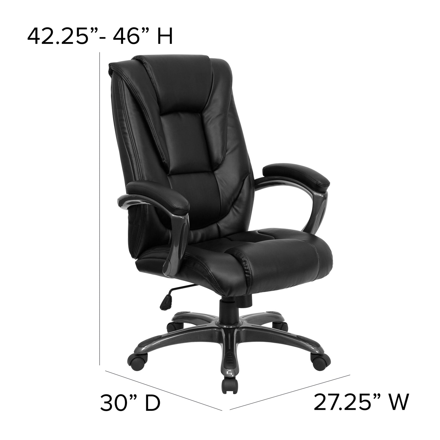 Oma High Back Black LeatherSoft Layered Upholstered Executive Swivel Ergonomic Office Chair with Smoke Metal Base and Arms Black
