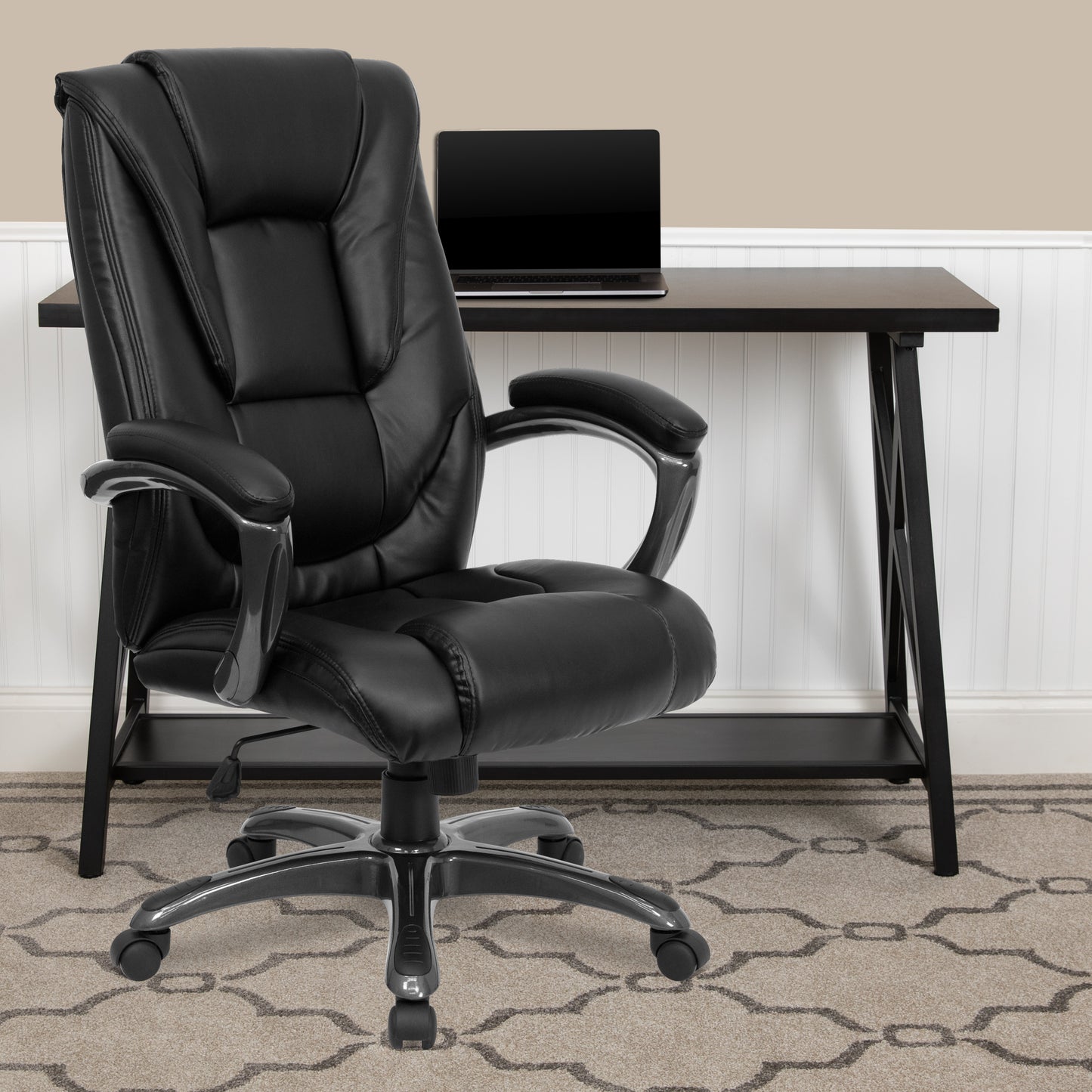 Oma High Back Black LeatherSoft Layered Upholstered Executive Swivel Ergonomic Office Chair with Smoke Metal Base and Arms Black