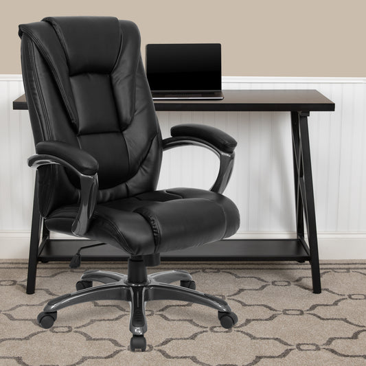 Oma High Back Black LeatherSoft Layered Upholstered Executive Swivel Ergonomic Office Chair with Smoke Metal Base and Arms Black GO-7194B-BK-GG