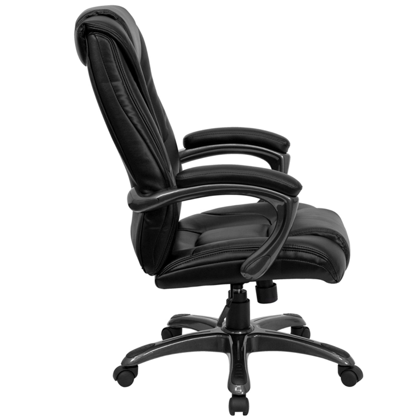 Oma High Back Black LeatherSoft Layered Upholstered Executive Swivel Ergonomic Office Chair with Smoke Metal Base and Arms Black