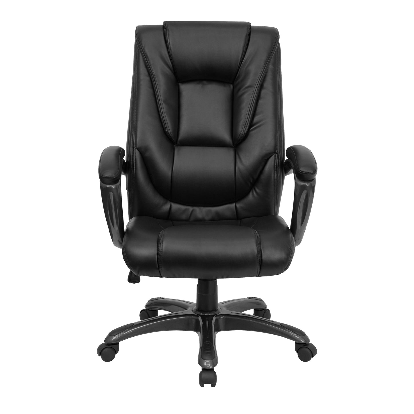 Oma High Back Black LeatherSoft Layered Upholstered Executive Swivel Ergonomic Office Chair with Smoke Metal Base and Arms Black