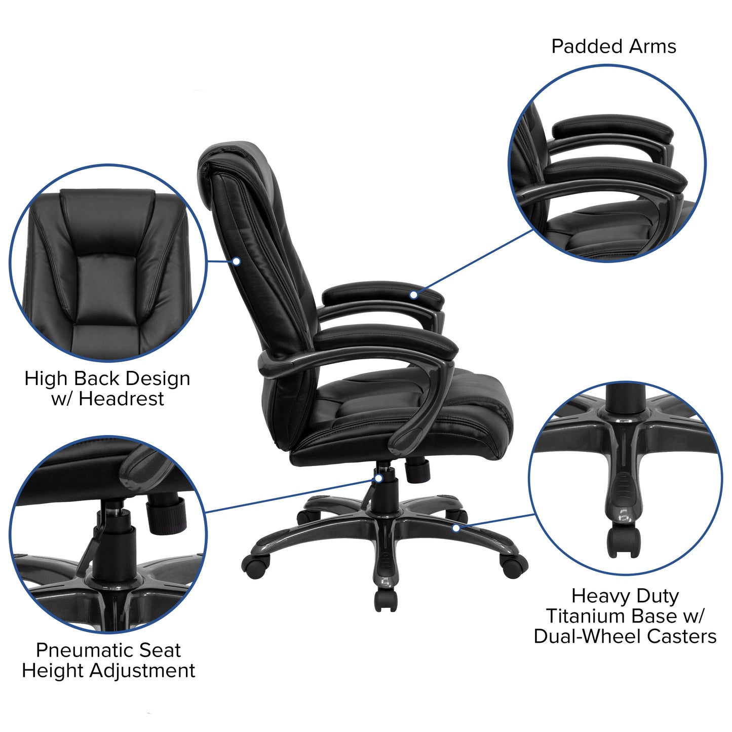 Oma High Back Black LeatherSoft Layered Upholstered Executive Swivel Ergonomic Office Chair with Smoke Metal Base and Arms Black