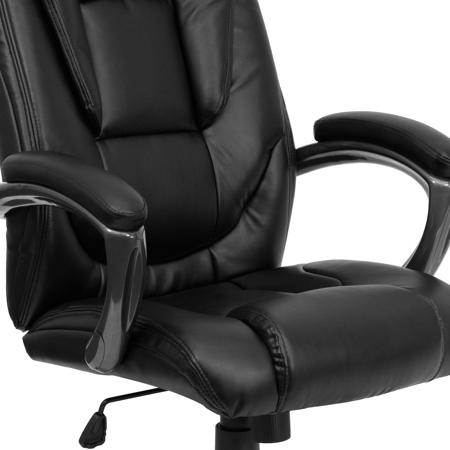 Oma High Back Black LeatherSoft Layered Upholstered Executive Swivel Ergonomic Office Chair with Smoke Metal Base and Arms Black