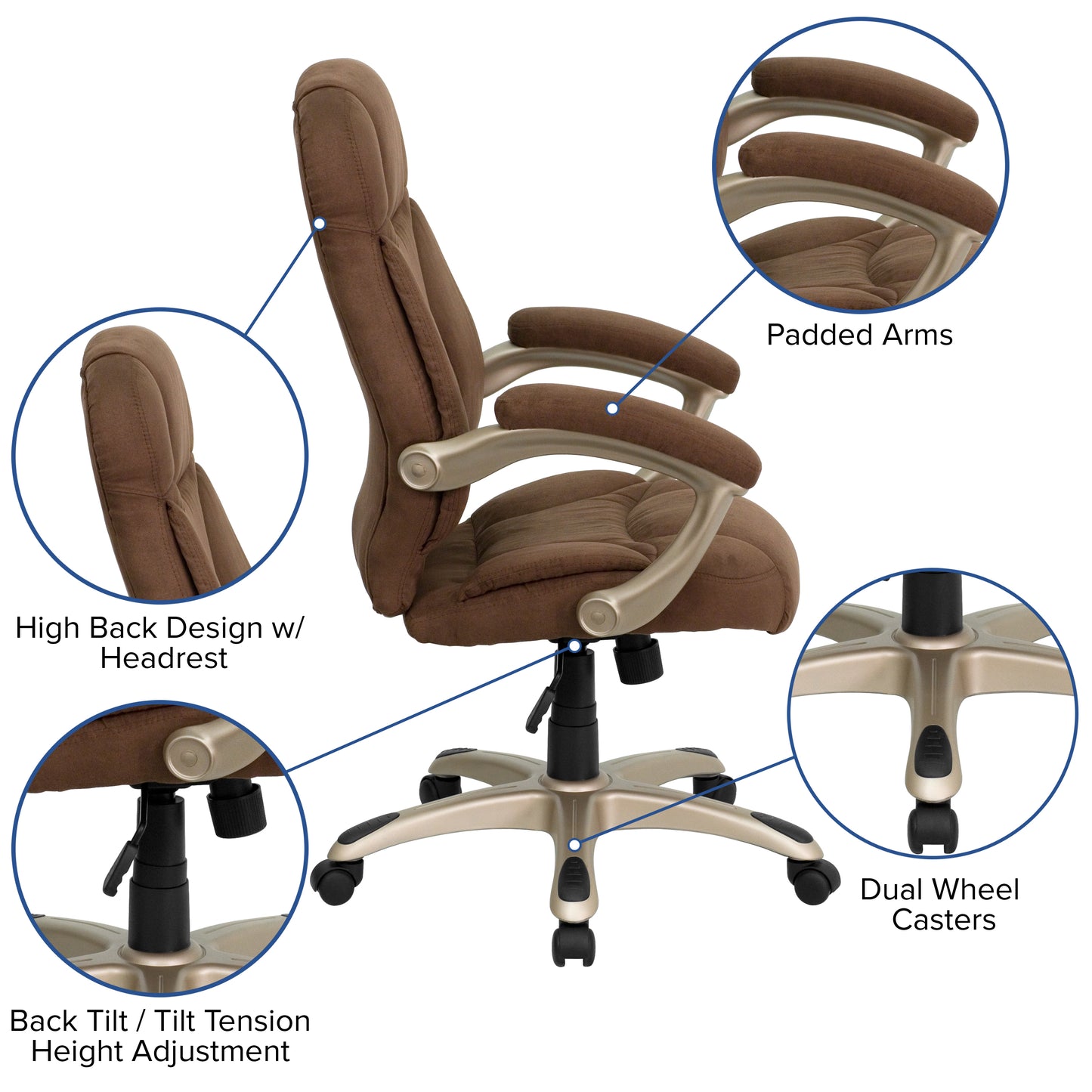 Jessie High Back Brown Microfiber Contemporary Executive Swivel Ergonomic Office Chair with Arms Brown Microfiber