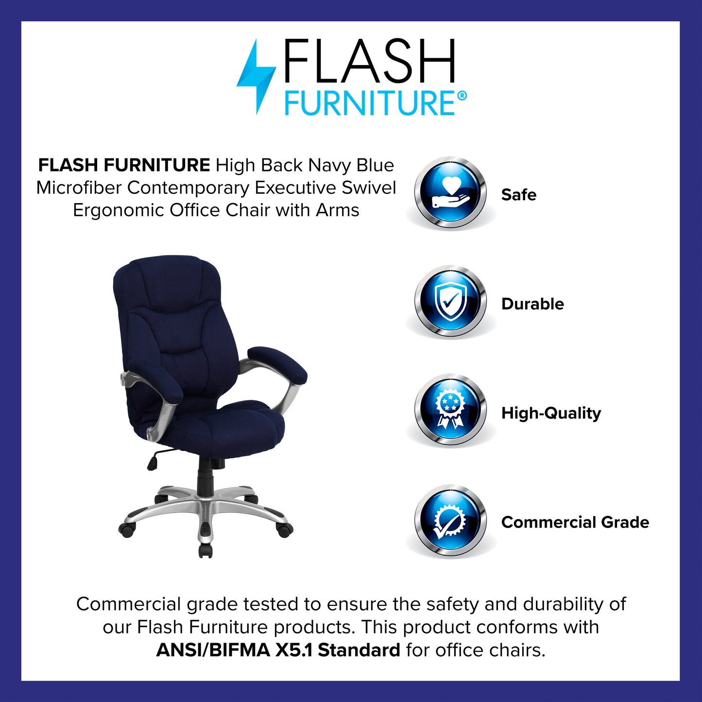 Jessie High Back Navy Blue Microfiber Contemporary Executive Swivel Ergonomic Office Chair with Arms Navy Blue Microfiber