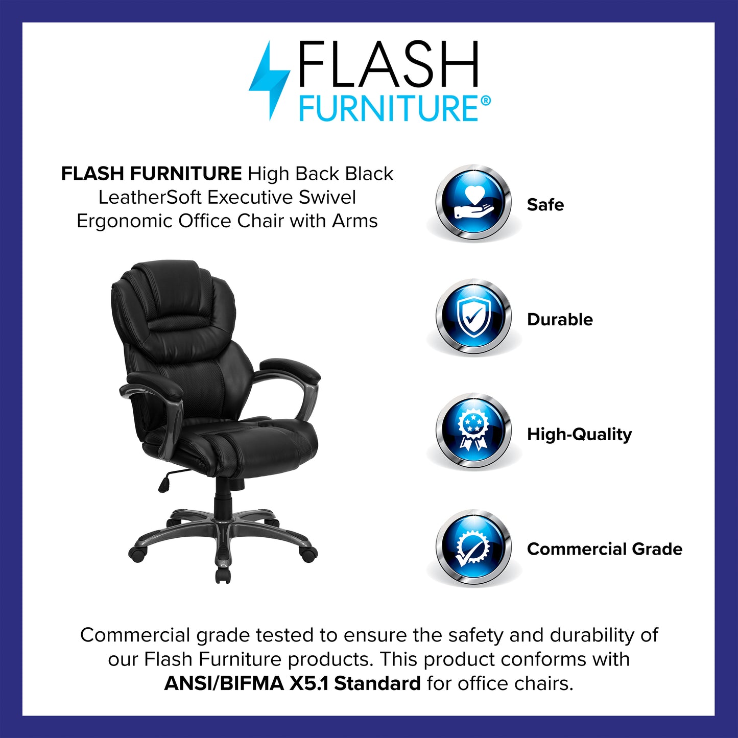Stella High Back Black LeatherSoft Executive Swivel Ergonomic Office Chair with Arms Black