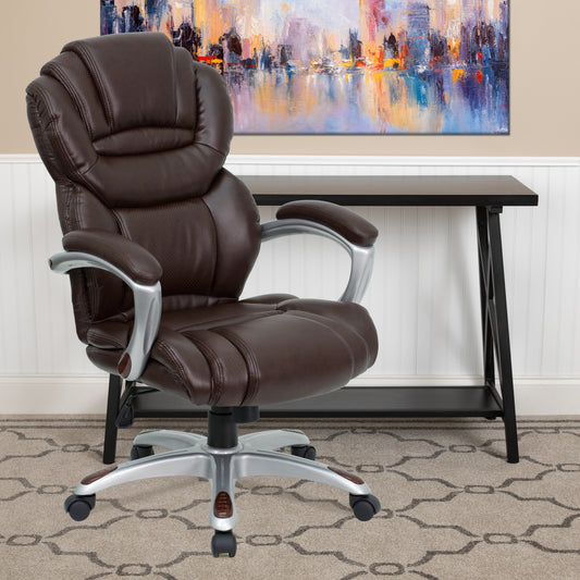 Stella High Back Brown LeatherSoft Executive Swivel Ergonomic Office Chair with Arms Brown GO-901-BN-GG