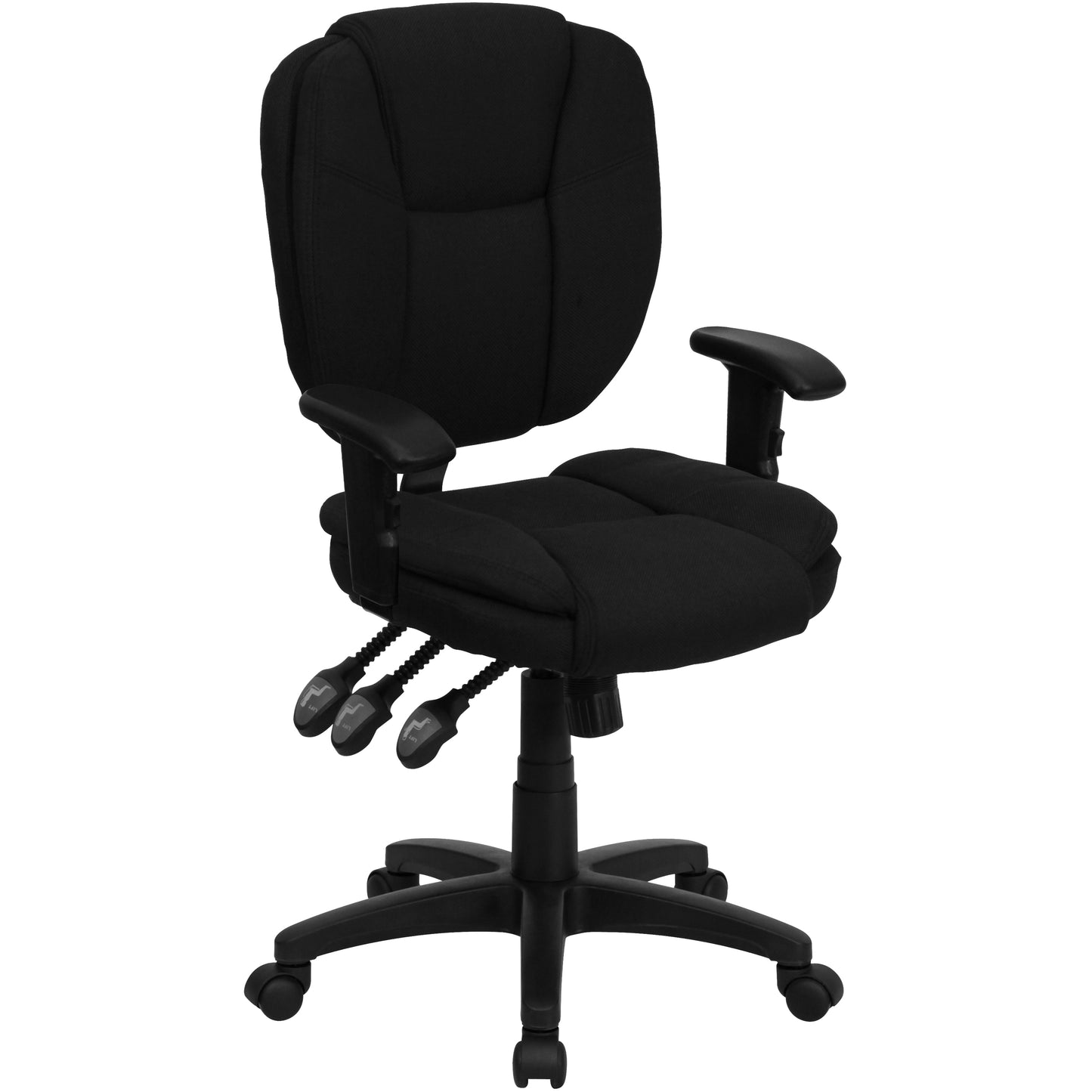 Caroline Mid-Back Black Fabric Multifunction Swivel Ergonomic Task Office Chair with Pillow Top Cushioning and Arms Black Fabric