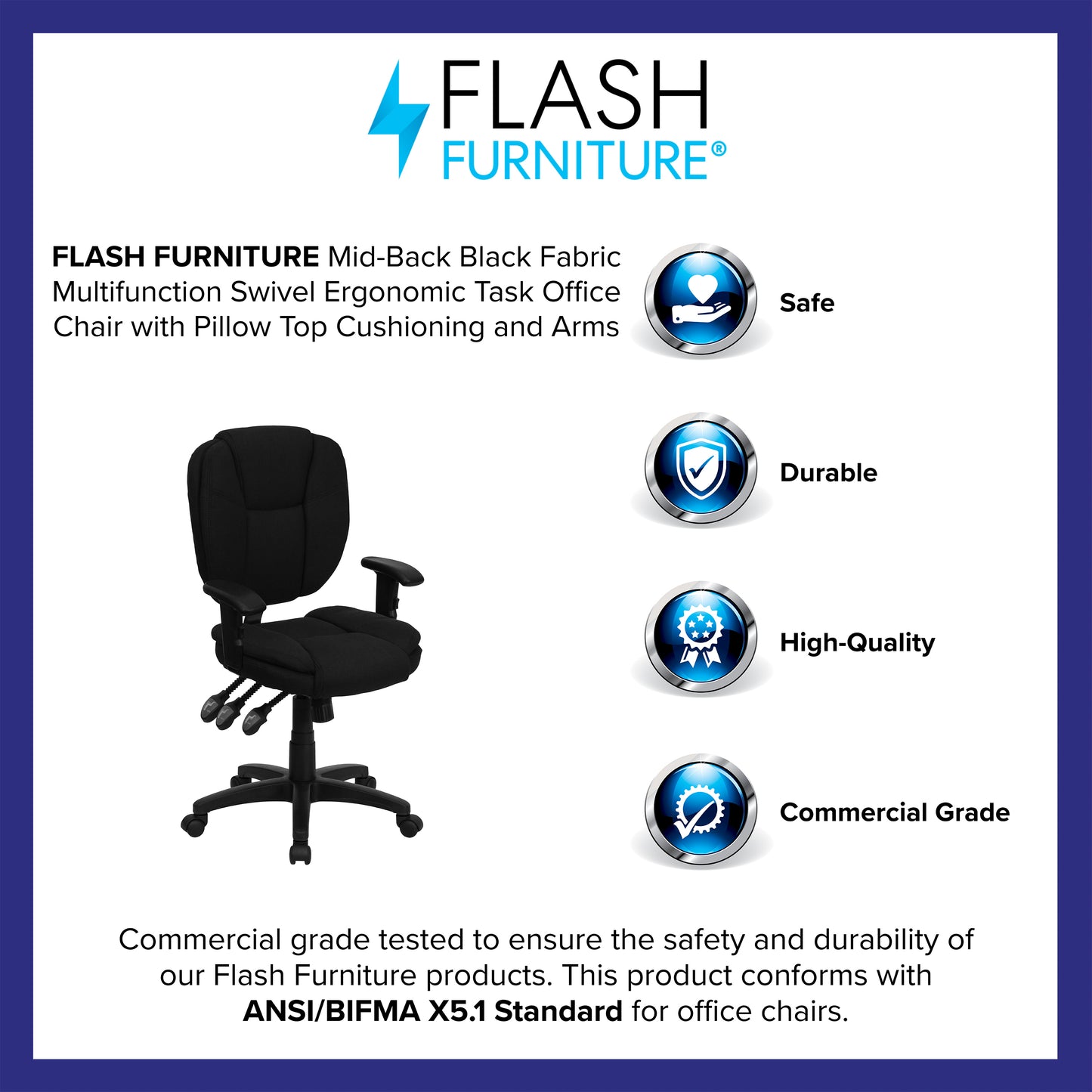 Caroline Mid-Back Black Fabric Multifunction Swivel Ergonomic Task Office Chair with Pillow Top Cushioning and Arms Black Fabric