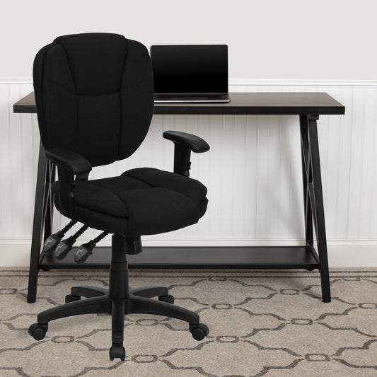 Caroline Mid-Back Black Fabric Multifunction Swivel Ergonomic Task Office Chair with Pillow Top Cushioning and Arms Black Fabric GO-930F-BK-ARMS-GG