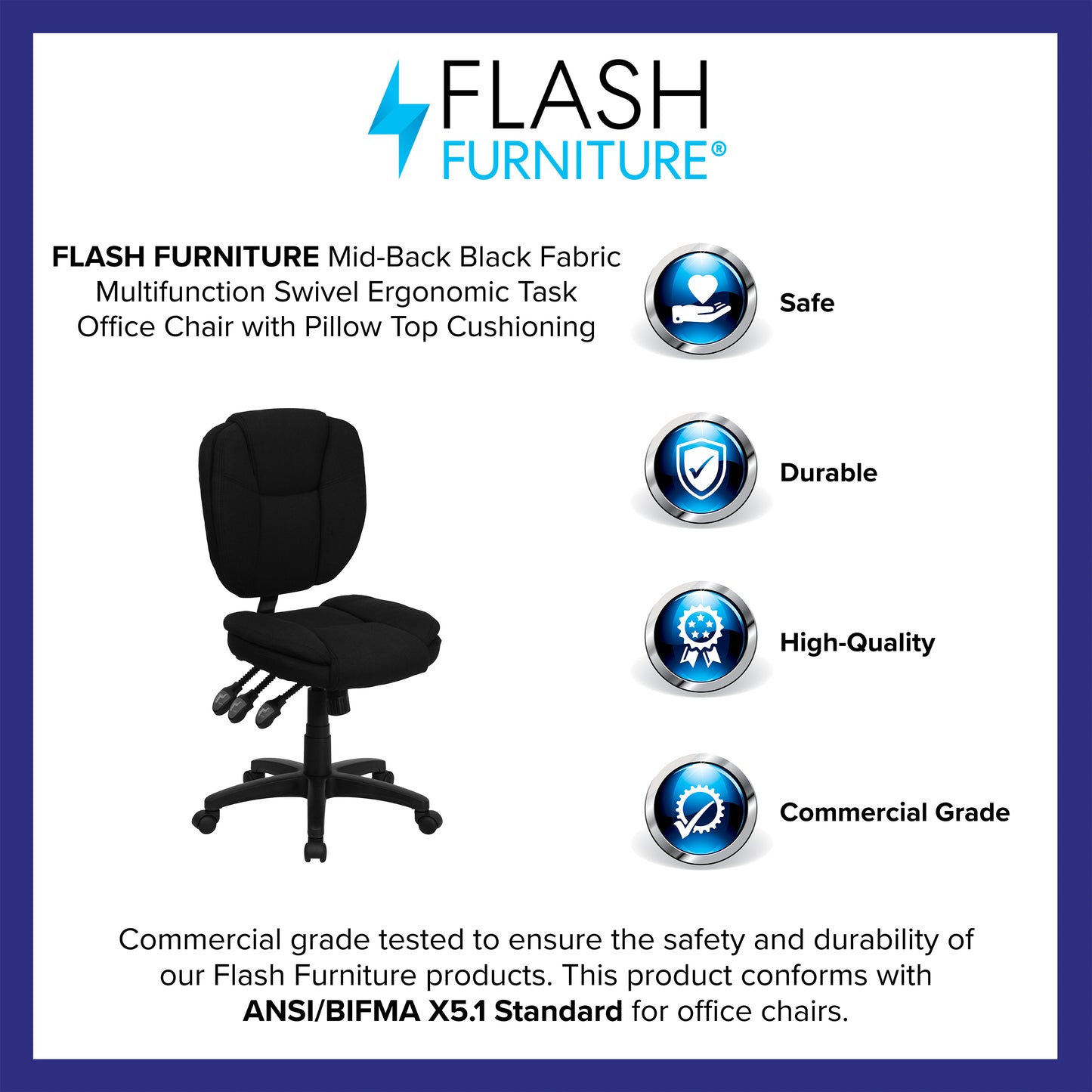 Caroline Mid-Back Black Fabric Multifunction Swivel Ergonomic Task Office Chair with Pillow Top Cushioning Black Fabric
