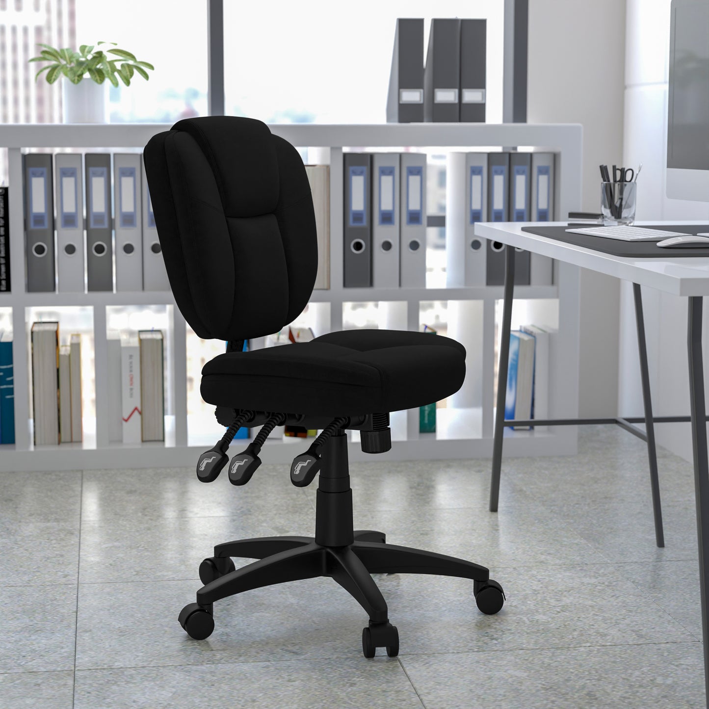 Caroline Mid-Back Black Fabric Multifunction Swivel Ergonomic Task Office Chair with Pillow Top Cushioning Black Fabric