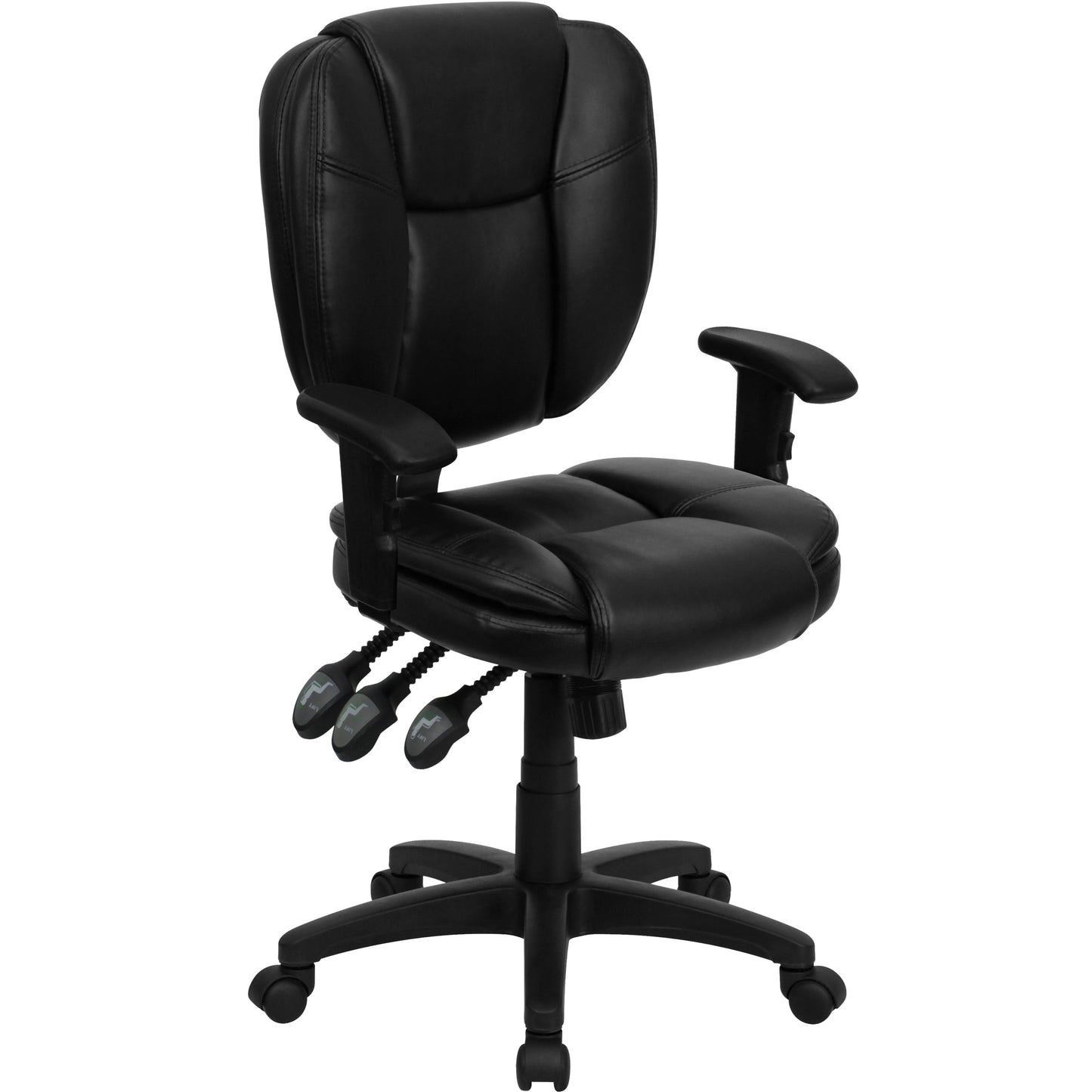 Caroline Mid-Back Black LeatherSoft Multifunction Swivel Ergonomic Task Office Chair with Pillow Top Cushioning and Arms Black LeatherSoft