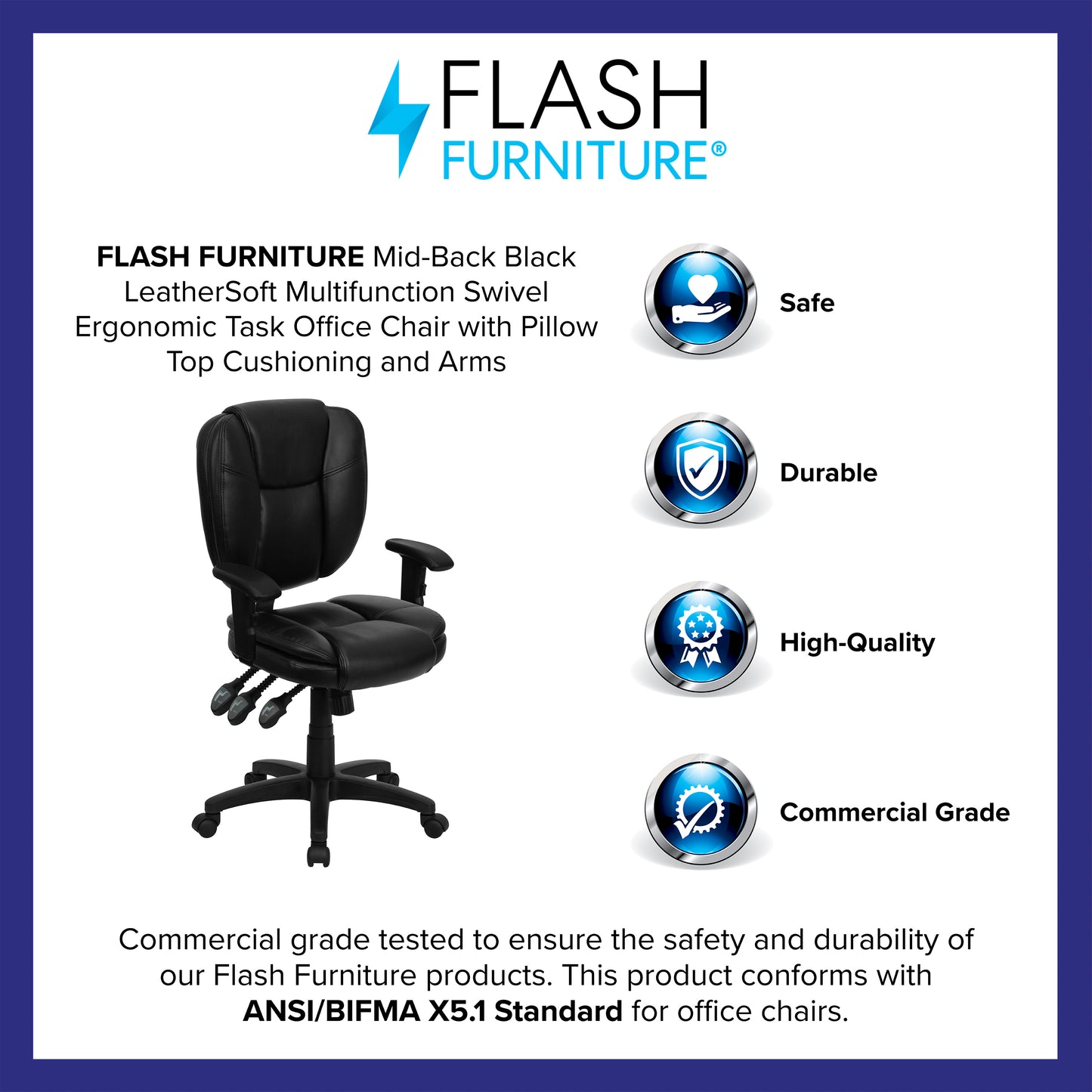 Caroline Mid-Back Black LeatherSoft Multifunction Swivel Ergonomic Task Office Chair with Pillow Top Cushioning and Arms Black LeatherSoft