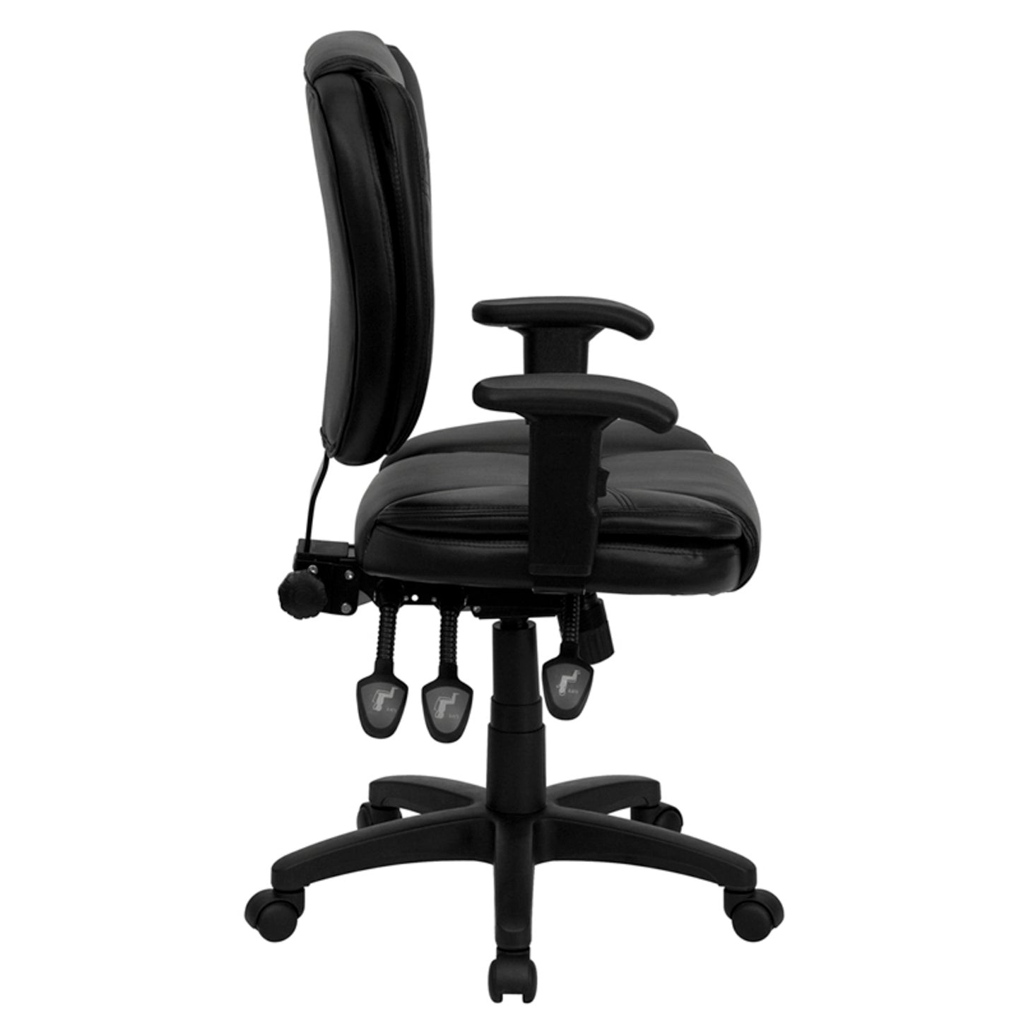 Caroline Mid-Back Black LeatherSoft Multifunction Swivel Ergonomic Task Office Chair with Pillow Top Cushioning and Arms Black LeatherSoft