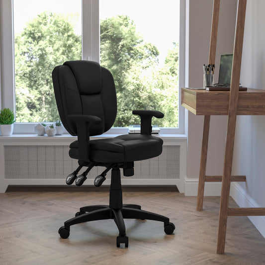 Caroline Mid-Back Black LeatherSoft Multifunction Swivel Ergonomic Task Office Chair with Pillow Top Cushioning and Arms Black LeatherSoft GO-930F-BK-LEA-ARMS-GG