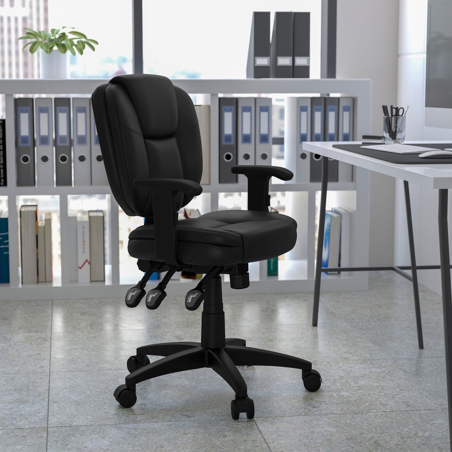 Caroline Mid-Back Black LeatherSoft Multifunction Swivel Ergonomic Task Office Chair with Pillow Top Cushioning and Arms Black LeatherSoft