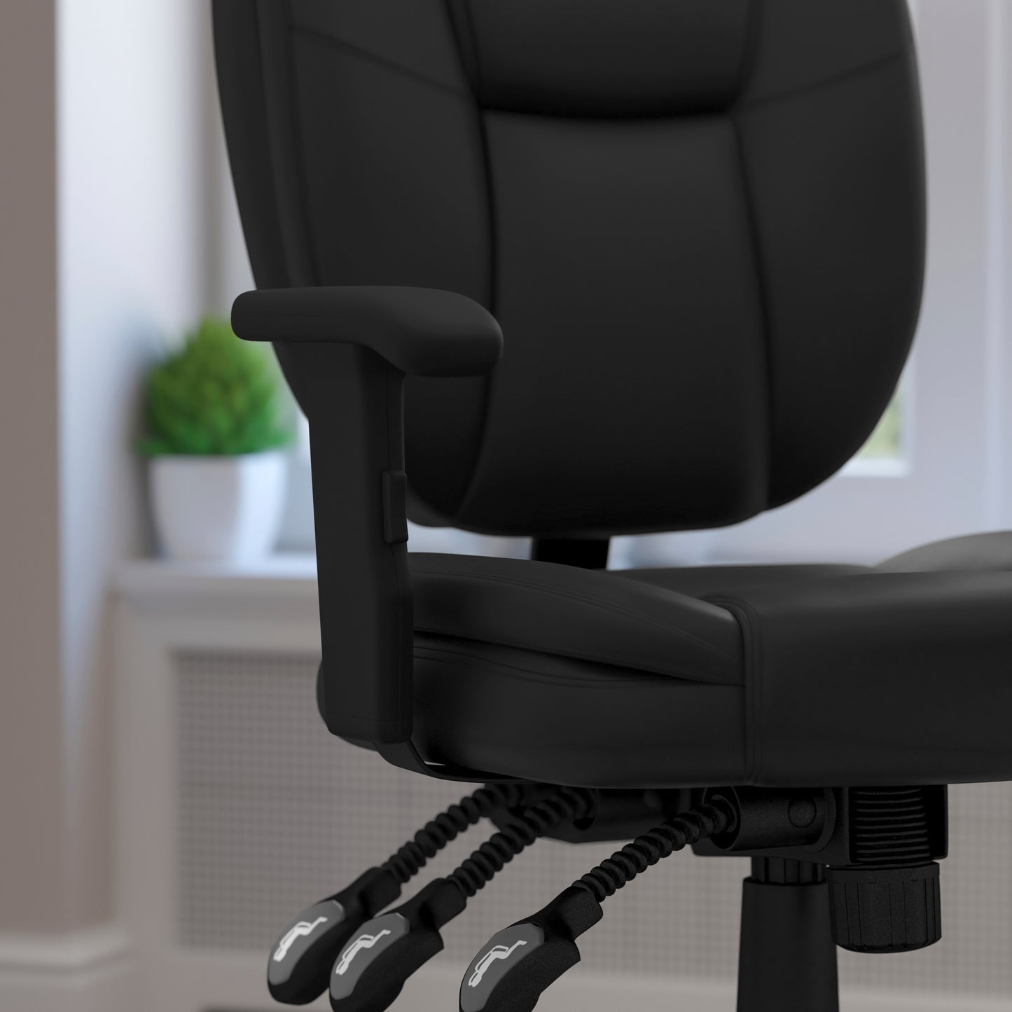 Caroline Mid-Back Black LeatherSoft Multifunction Swivel Ergonomic Task Office Chair with Pillow Top Cushioning and Arms Black LeatherSoft