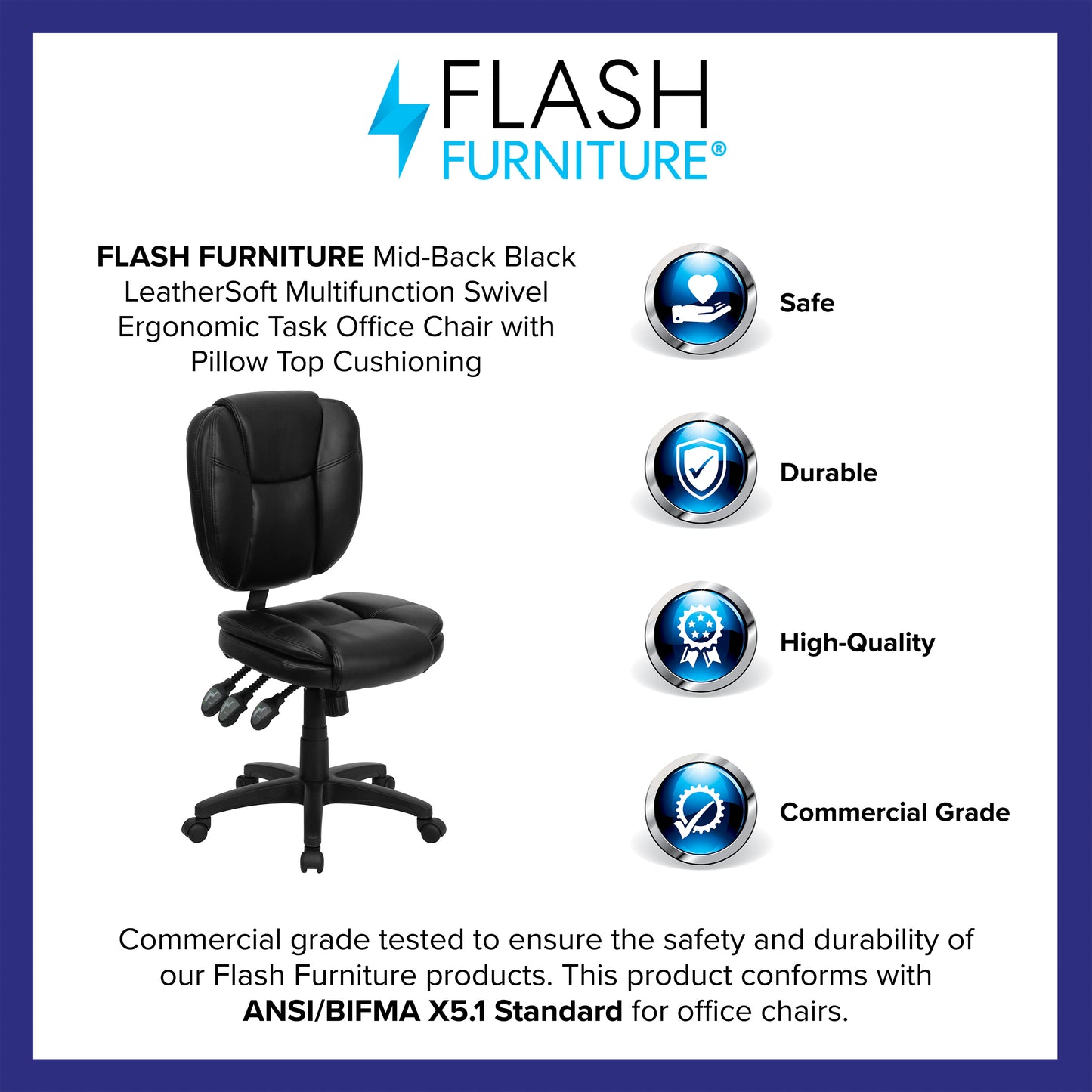 Caroline Mid-Back Black LeatherSoft Multifunction Swivel Ergonomic Task Office Chair with Pillow Top Cushioning Black LeatherSoft