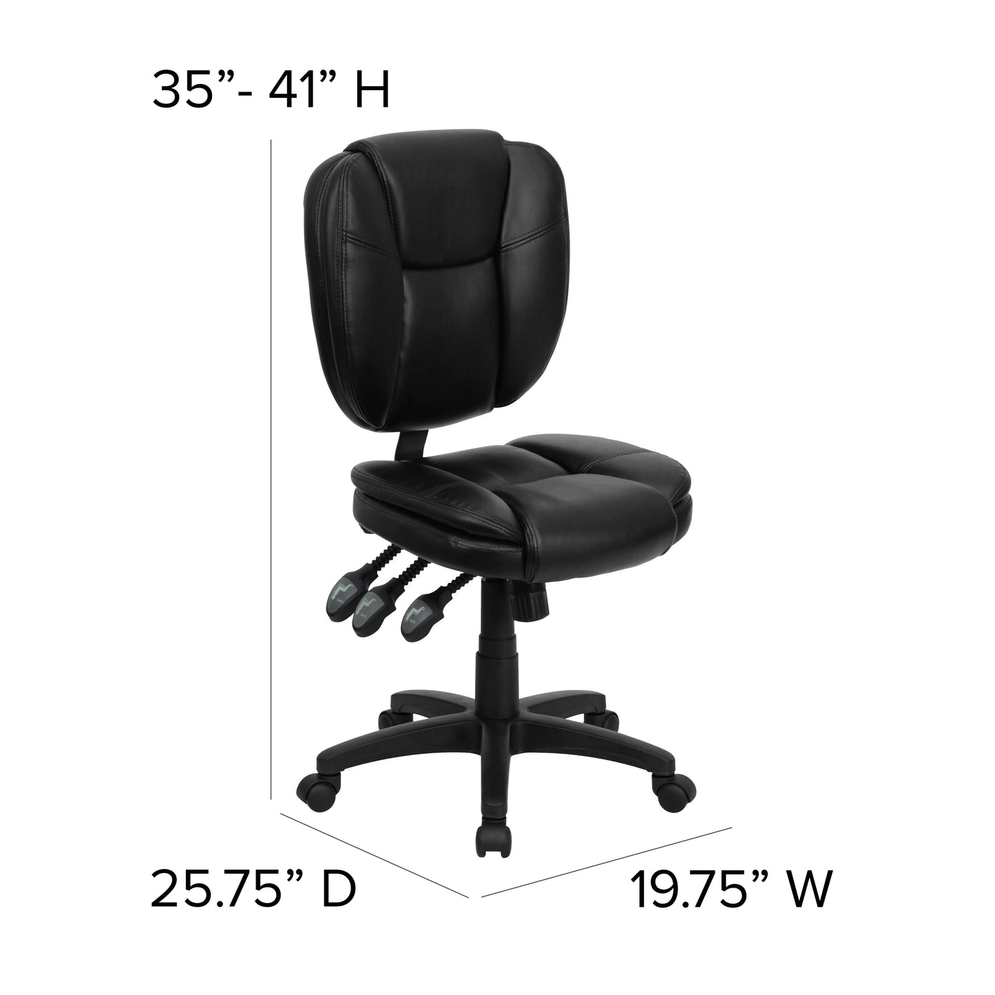 Caroline Mid-Back Black LeatherSoft Multifunction Swivel Ergonomic Task Office Chair with Pillow Top Cushioning Black LeatherSoft