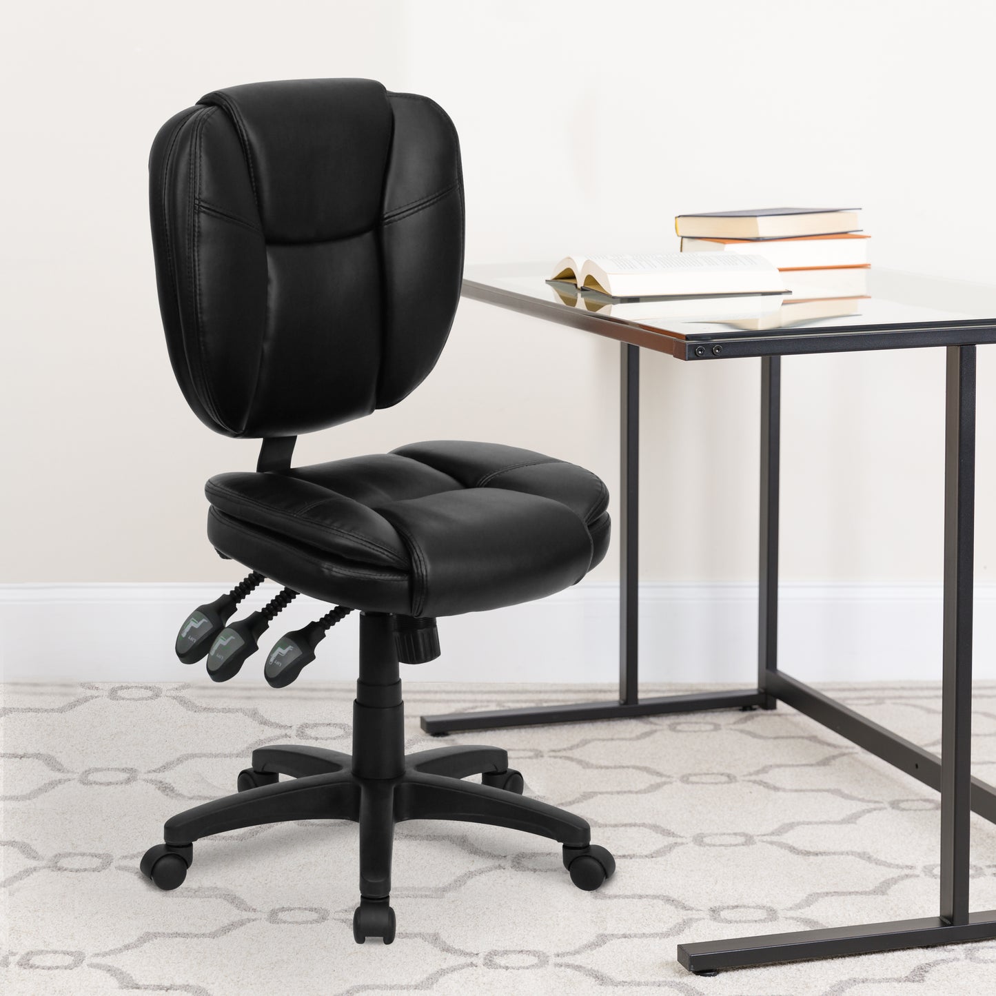 Caroline Mid-Back Black LeatherSoft Multifunction Swivel Ergonomic Task Office Chair with Pillow Top Cushioning Black LeatherSoft