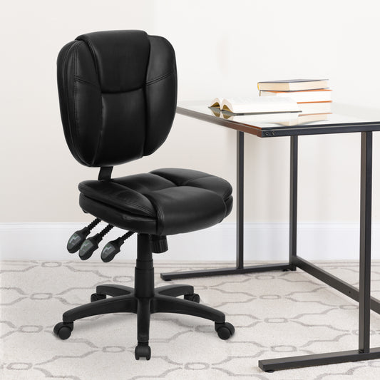 Caroline Mid-Back Black LeatherSoft Multifunction Swivel Ergonomic Task Office Chair with Pillow Top Cushioning Black LeatherSoft GO-930F-BK-LEA-GG