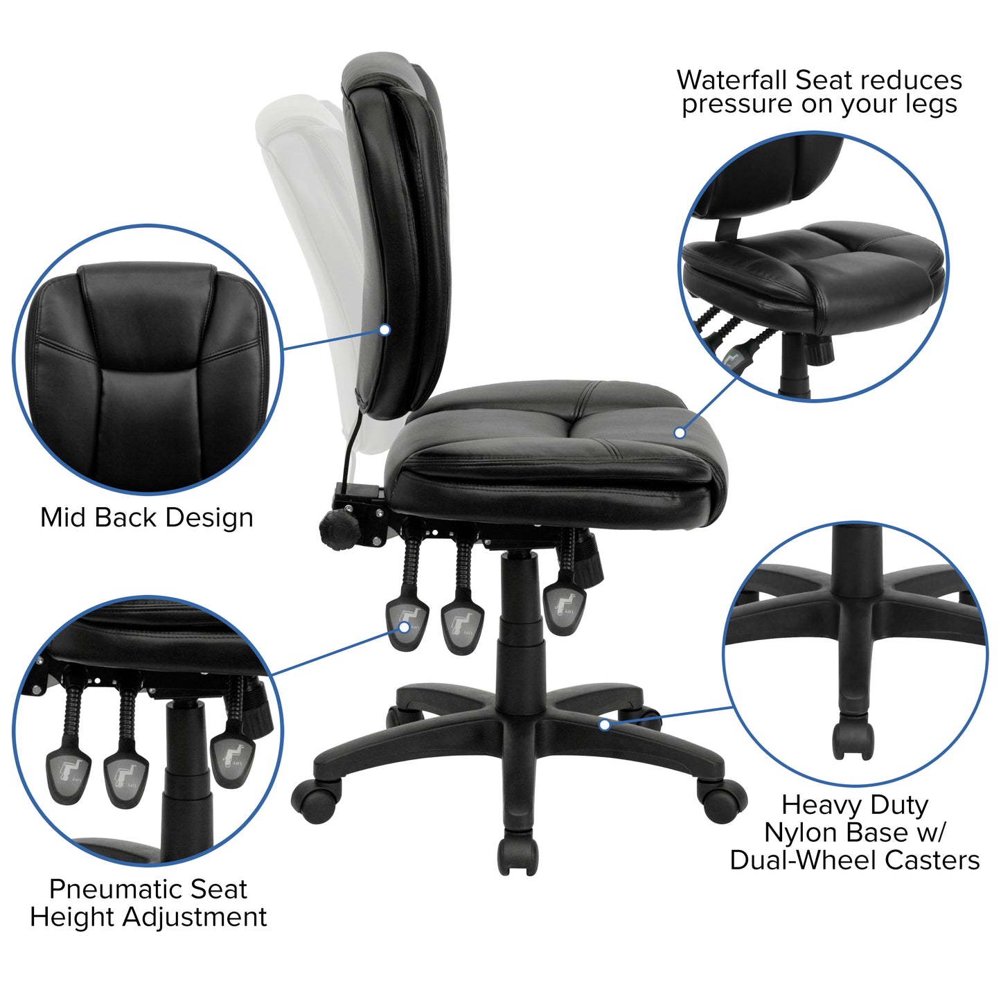 Caroline Mid-Back Black LeatherSoft Multifunction Swivel Ergonomic Task Office Chair with Pillow Top Cushioning Black LeatherSoft