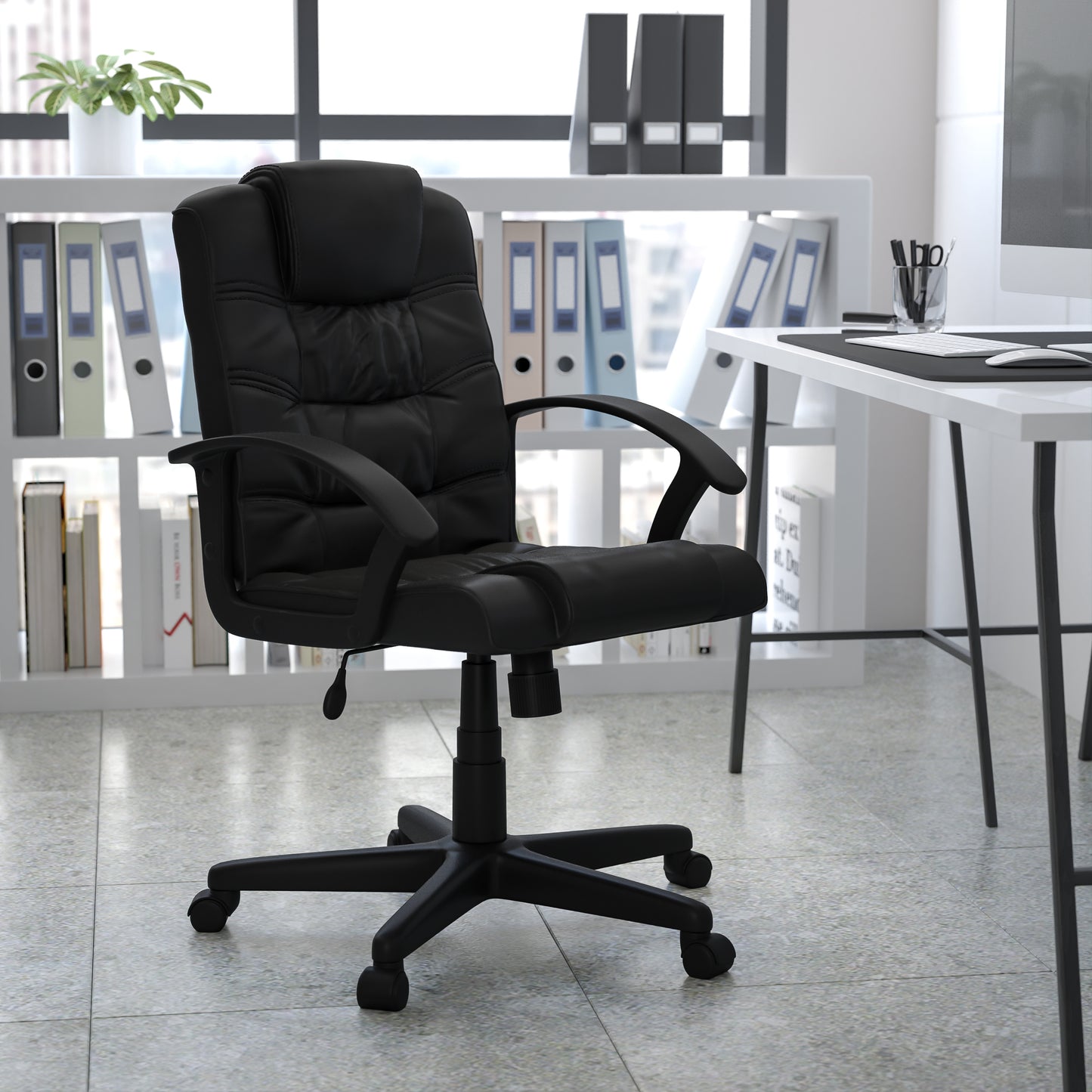 Lindon Mid-Back Black LeatherSoft Swivel Task Office Chair with Arms Black