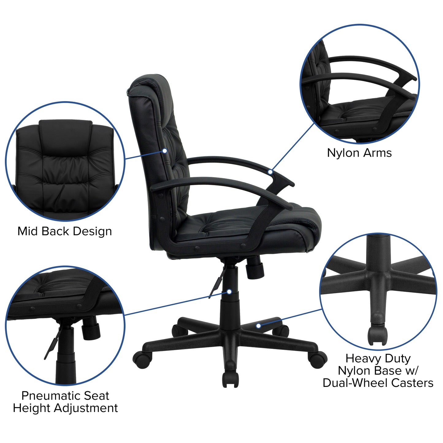 Lindon Mid-Back Black LeatherSoft Swivel Task Office Chair with Arms Black