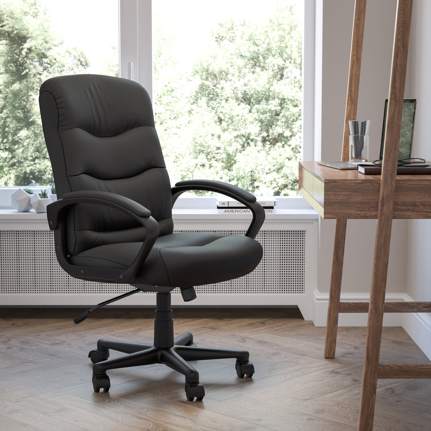 Chelsea Mid-Back Black LeatherSoft Executive Swivel Office Chair with Three Line Horizontal Stitch Back and Arms Black