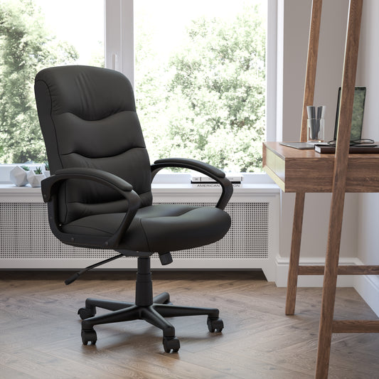 Chelsea Mid-Back Black LeatherSoft Executive Swivel Office Chair with Three Line Horizontal Stitch Back and Arms Black GO-977-1-BK-LEA-GG