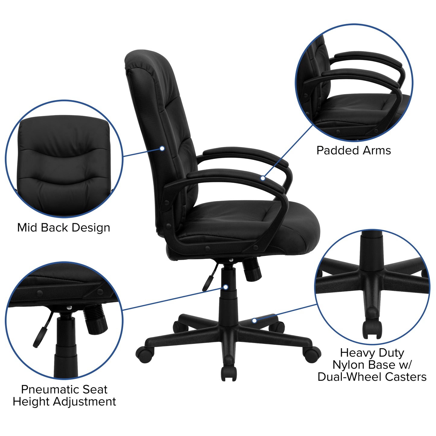 Chelsea Mid-Back Black LeatherSoft Executive Swivel Office Chair with Three Line Horizontal Stitch Back and Arms Black
