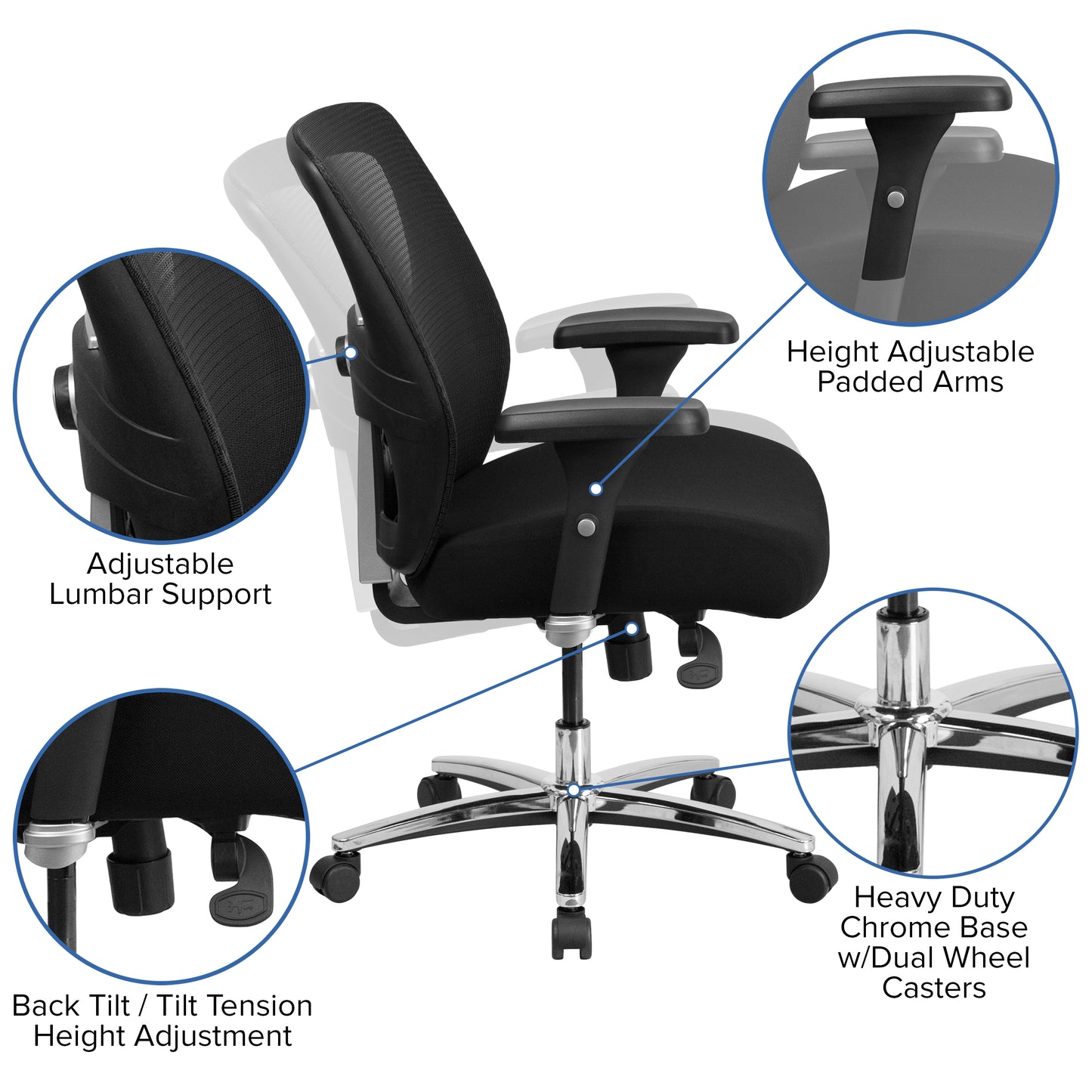 HERCULES Series 24/7 Intensive Use Big & Tall 500 lb. Rated Black Mesh Executive Ergonomic Office Chair with Ratchet Back Black