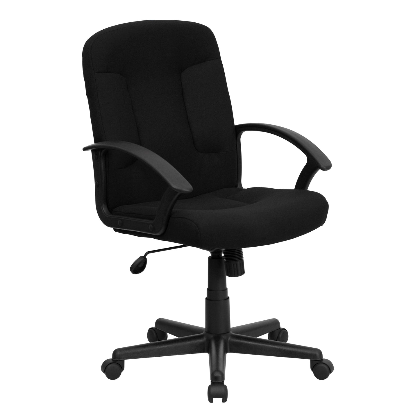 Garver Mid-Back Black Fabric Executive Swivel Office Chair with Nylon Arms Black
