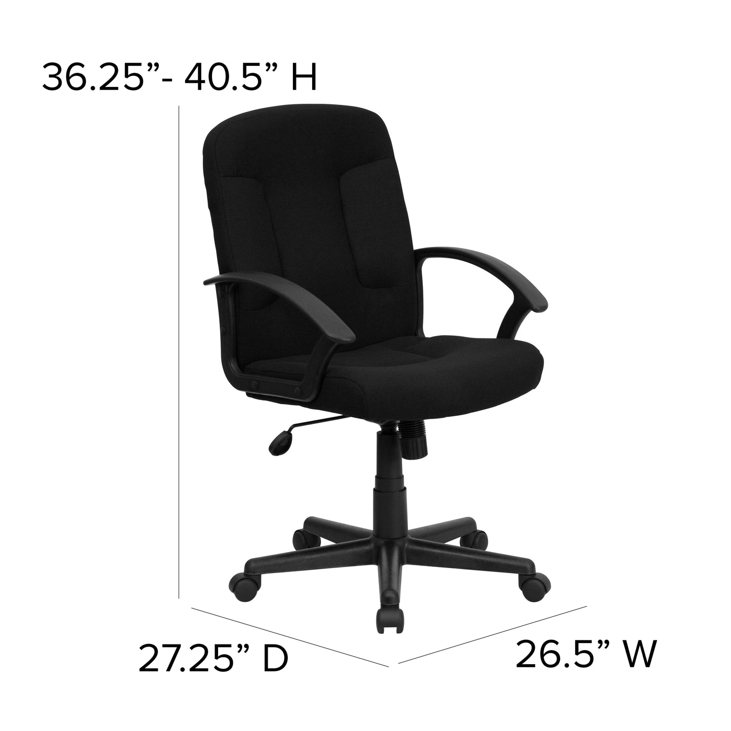Garver Mid-Back Black Fabric Executive Swivel Office Chair with Nylon Arms Black
