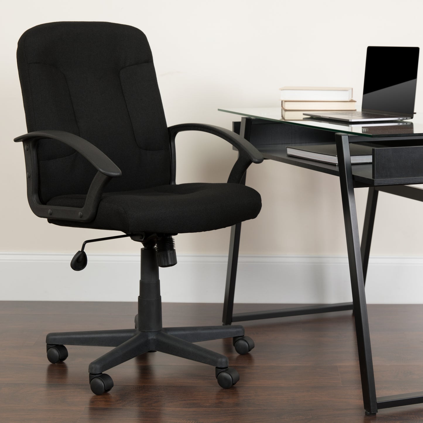 Garver Mid-Back Black Fabric Executive Swivel Office Chair with Nylon Arms Black