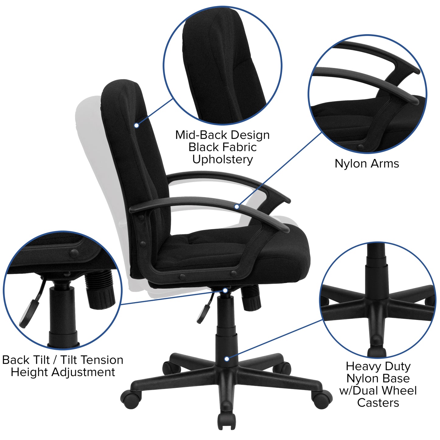 Garver Mid-Back Black Fabric Executive Swivel Office Chair with Nylon Arms Black