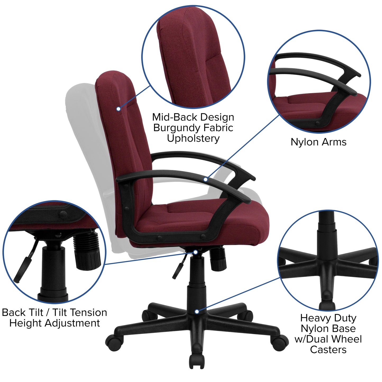 Garver Mid-Back Burgundy Fabric Executive Swivel Office Chair with Nylon Arms Burgundy