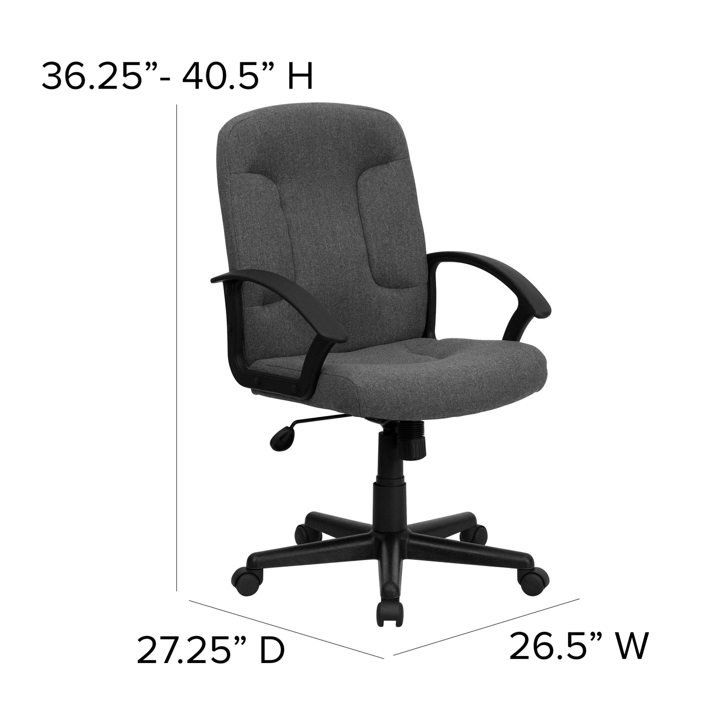 Garver Mid-Back Gray Fabric Executive Swivel Office Chair with Nylon Arms Gray