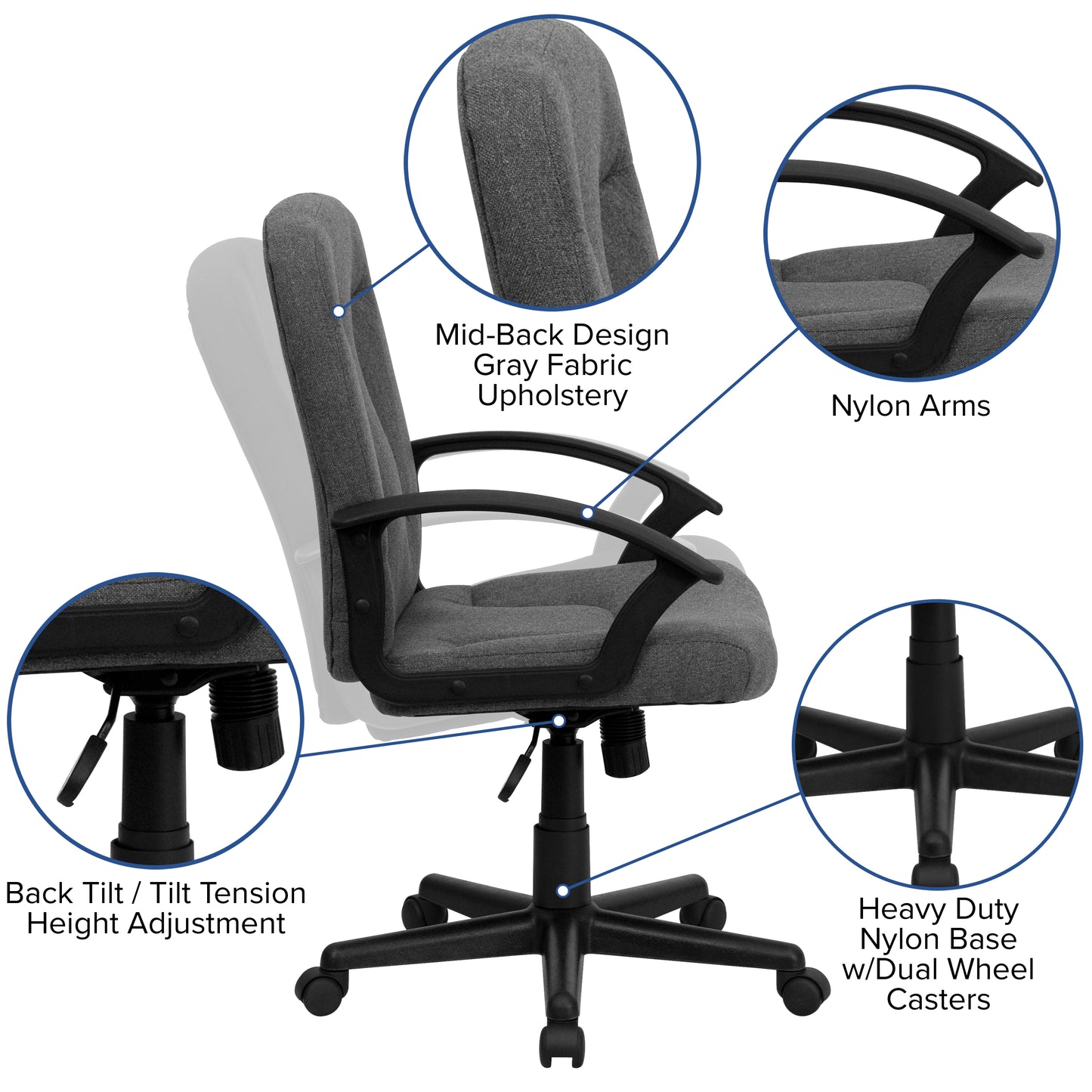 Garver Mid-Back Gray Fabric Executive Swivel Office Chair with Nylon Arms Gray