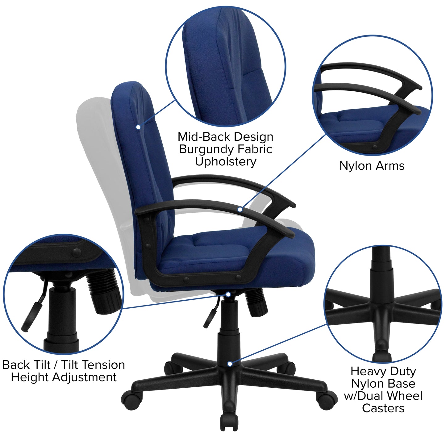 Garver Mid-Back Navy Fabric Executive Swivel Office Chair with Nylon Arms Navy