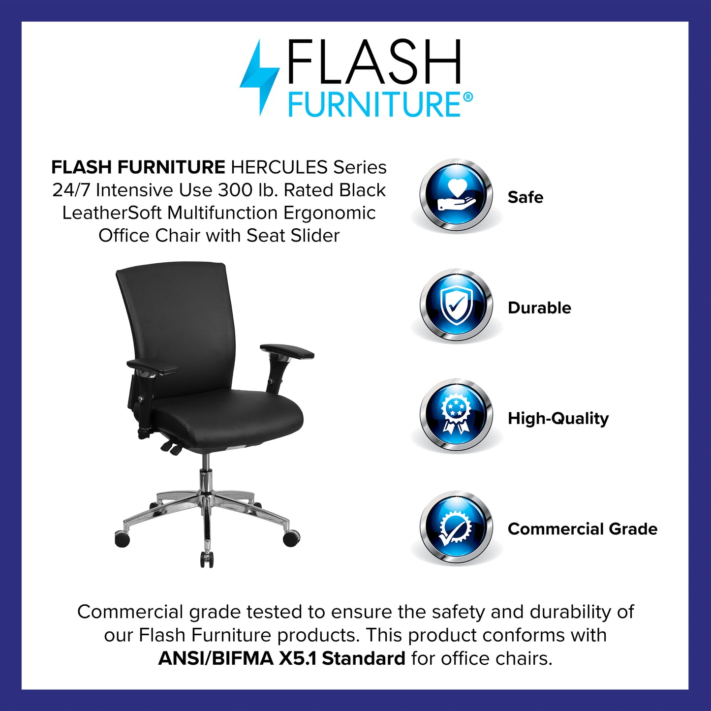 HERCULES Series 24/7 Intensive Use 300 lb. Rated Black LeatherSoft Multifunction Ergonomic Office Chair with Seat Slider Black LeatherSoft