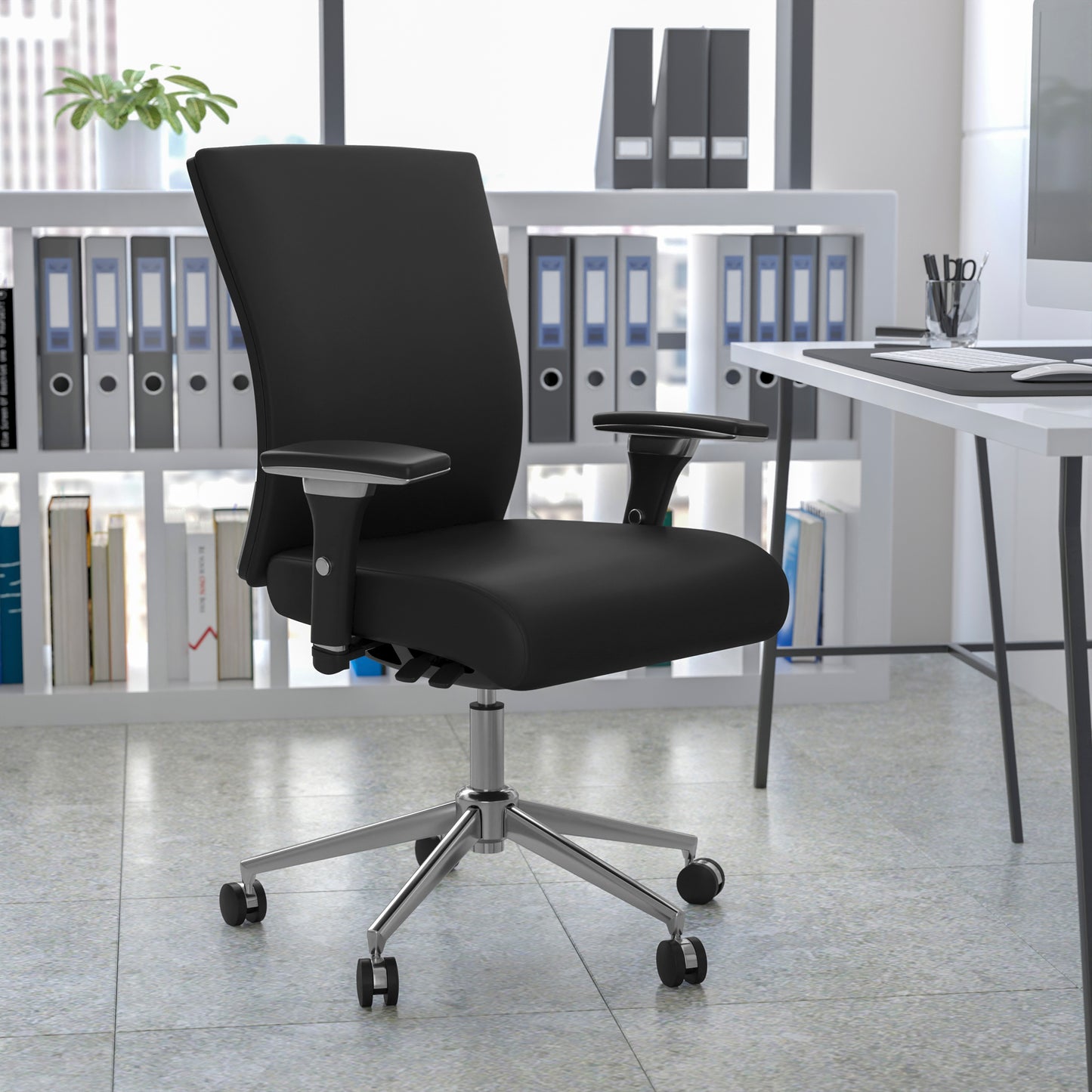 HERCULES Series 24/7 Intensive Use 300 lb. Rated Black LeatherSoft Multifunction Ergonomic Office Chair with Seat Slider Black LeatherSoft