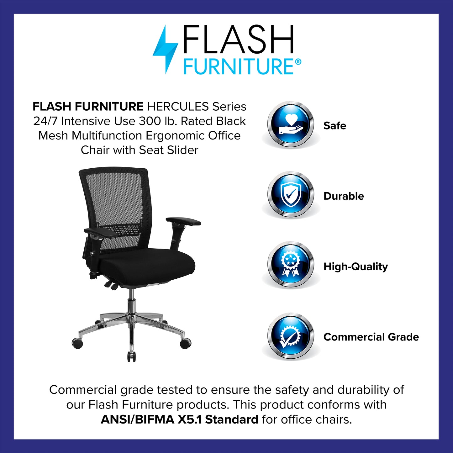 HERCULES Series 24/7 Intensive Use 300 lb. Rated Black Mesh Multifunction Ergonomic Office Chair with Seat Slider Black Mesh & Fabric