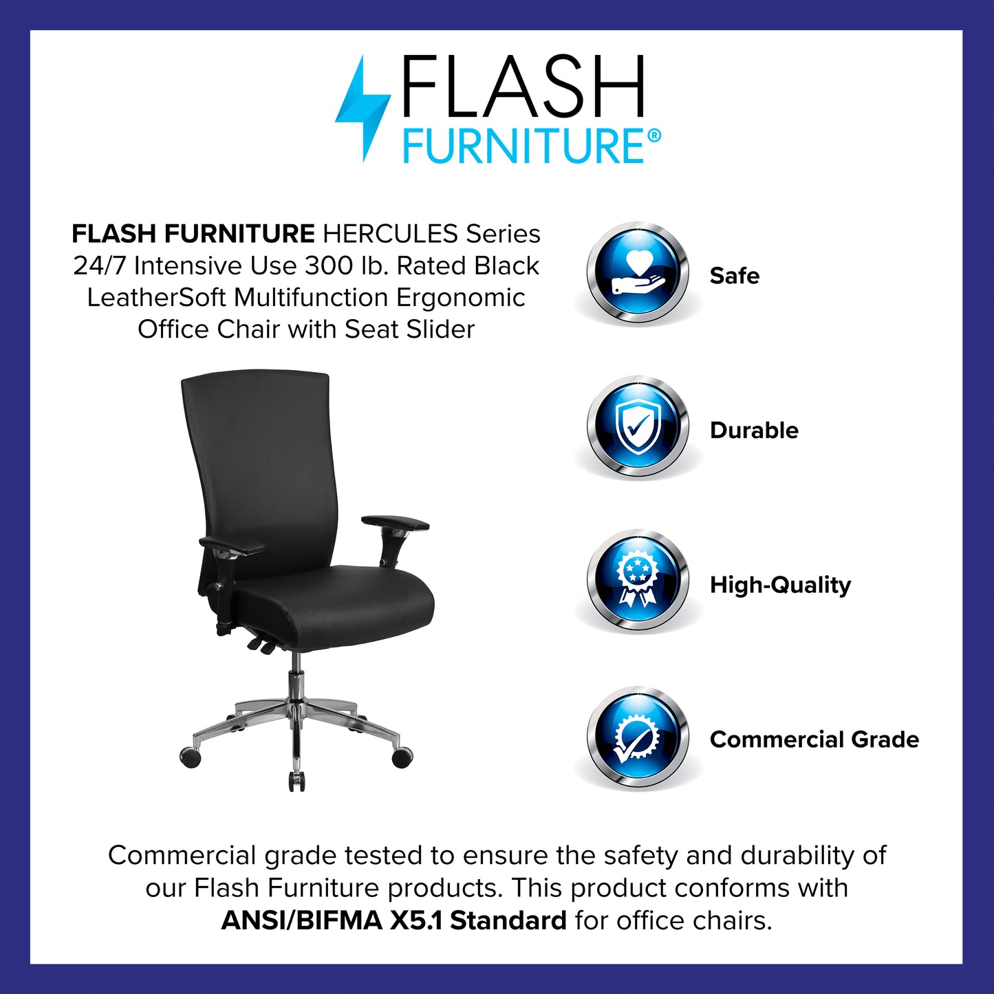 HERCULES Series 24/7 Intensive Use 300 lb. Rated Black LeatherSoft Multifunction Ergonomic Office Chair with Seat Slider Black LeatherSoft