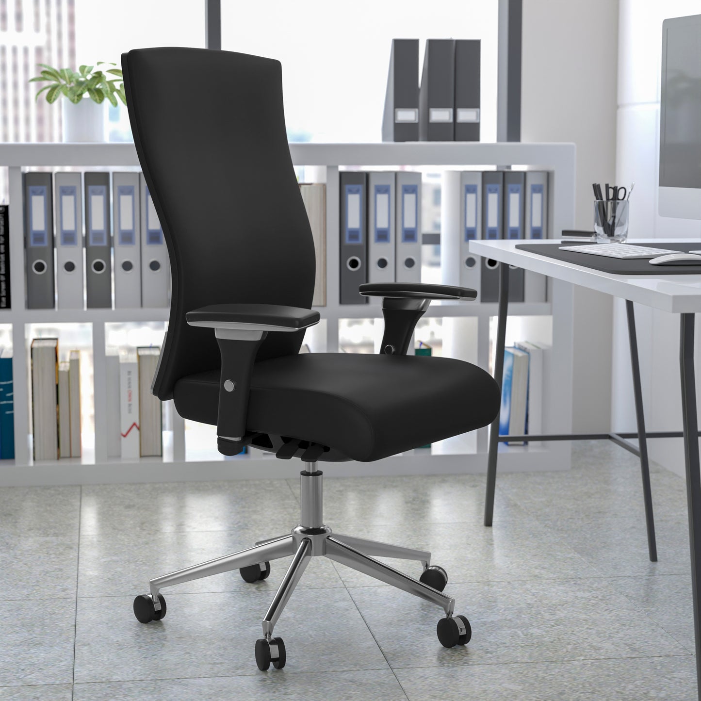 HERCULES Series 24/7 Intensive Use 300 lb. Rated Black LeatherSoft Multifunction Ergonomic Office Chair with Seat Slider Black LeatherSoft