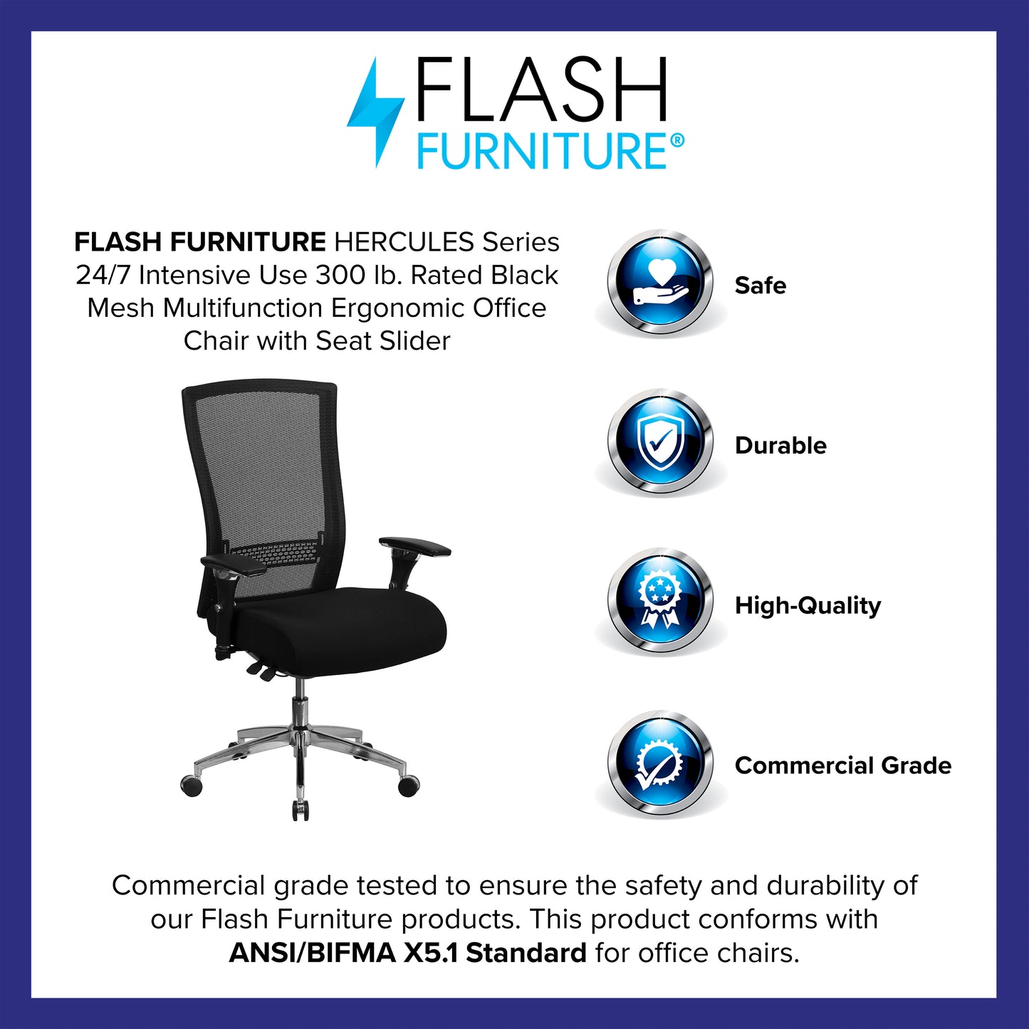 HERCULES Series 24/7 Intensive Use 300 lb. Rated Black Mesh Multifunction Ergonomic Office Chair with Seat Slider Black Mesh & Fabric
