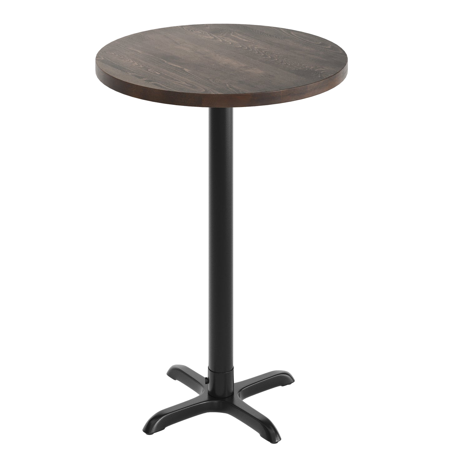 Bennett 30" Round Solid Wood Commercial Indoor Tabletop in Dark Brown with 22" x 22" Bar Height Rust-Resistant Black Cast Iron X-Base Dark Brown Top/Black Base
