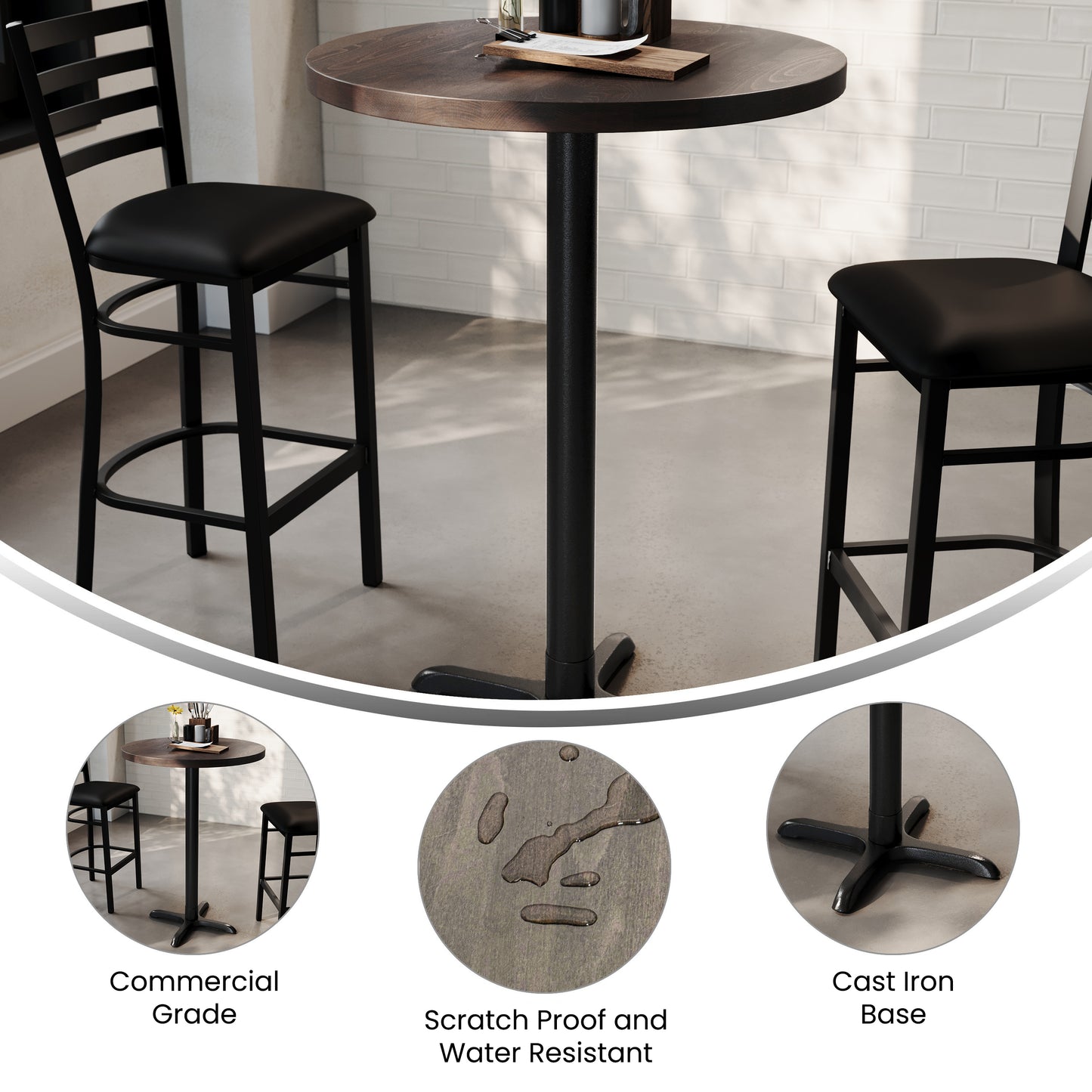 Bennett 30" Round Solid Wood Commercial Indoor Tabletop in Dark Brown with 22" x 22" Bar Height Rust-Resistant Black Cast Iron X-Base Dark Brown Top/Black Base