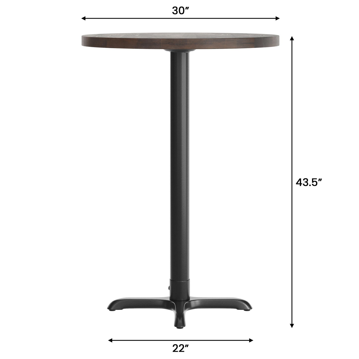 Bennett 30" Round Solid Wood Commercial Indoor Tabletop in Dark Brown with 22" x 22" Bar Height Rust-Resistant Black Cast Iron X-Base Dark Brown Top/Black Base